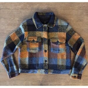 House of Harlow 1960 Wool Blend Plaid Cropped Button Front Shacket-Navy-Size S